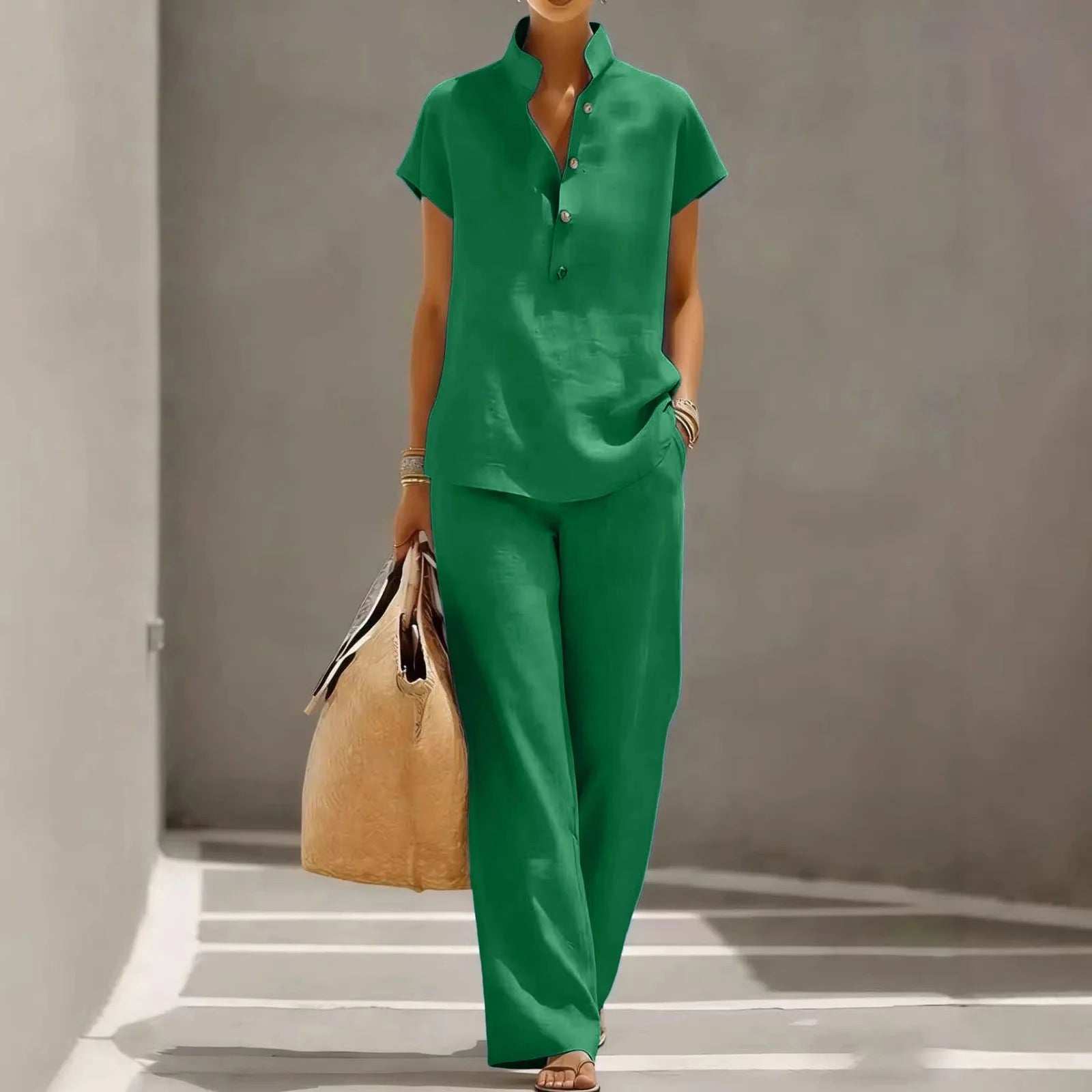 Mira wide leg linen set - Green