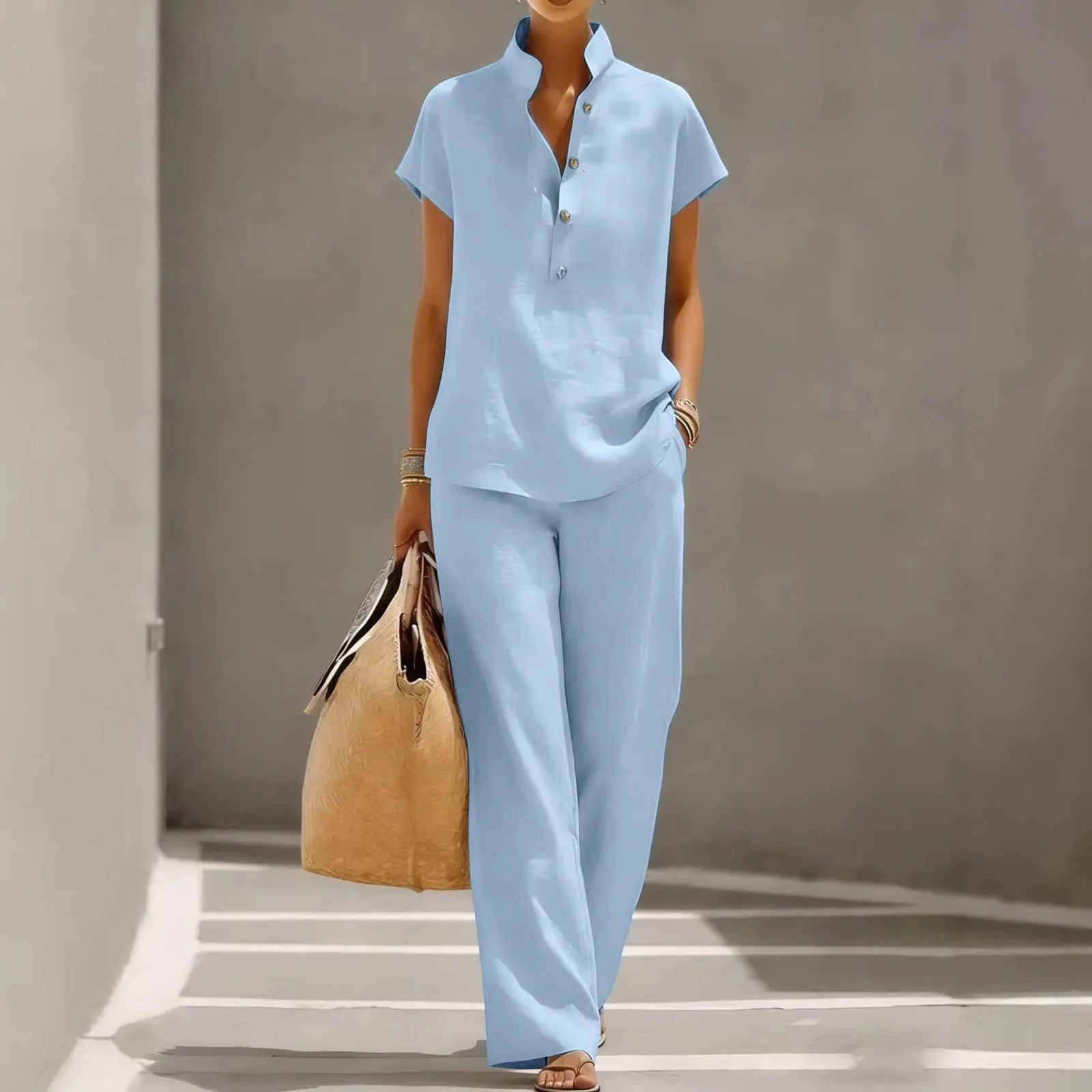 Mira wide leg linen set - Light Blue