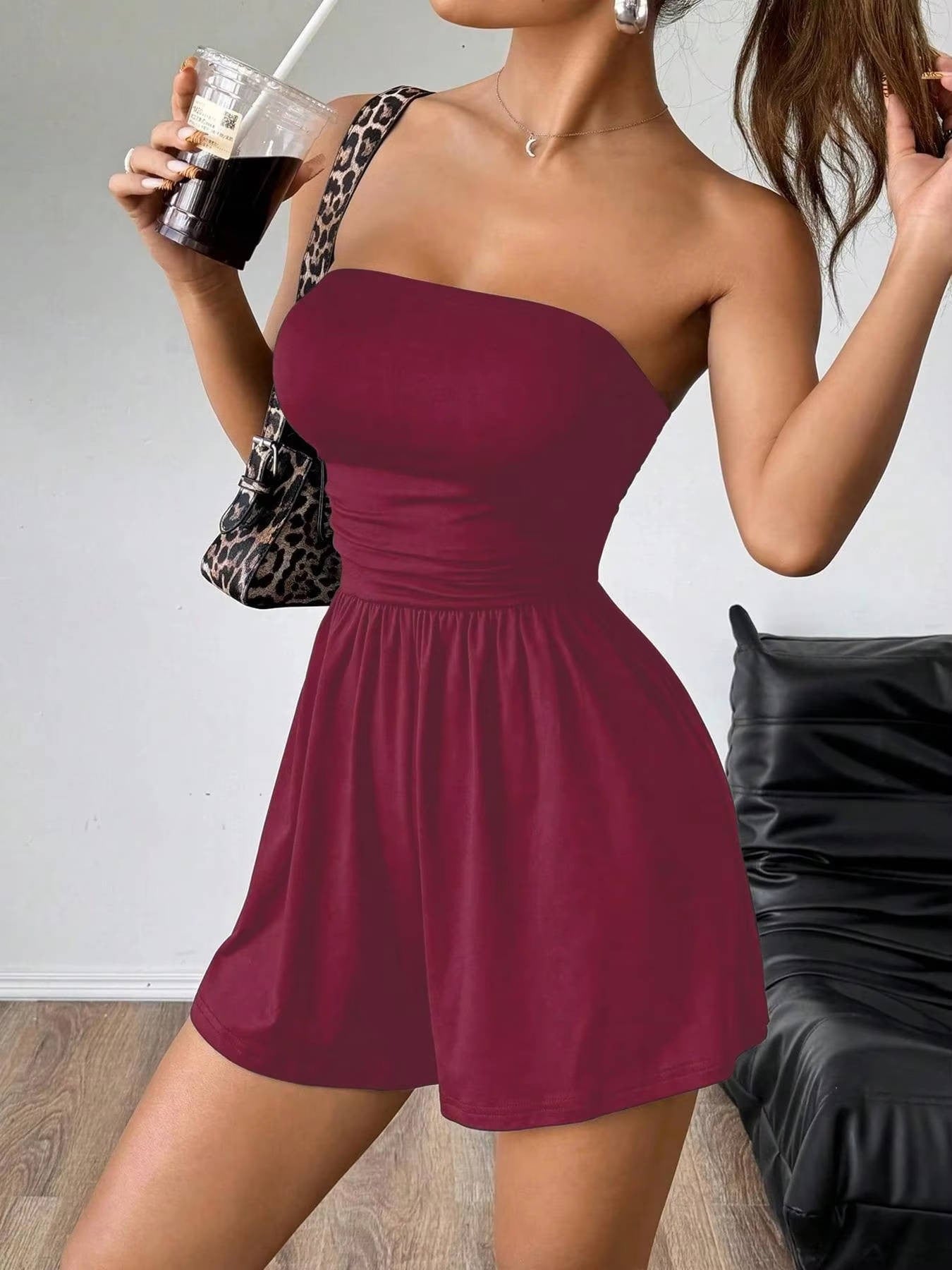 Tess one shoulder ruched playsuit - Burgundy
