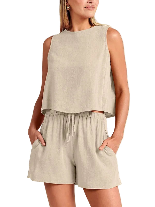 Mae sleeveless linen shirt shorts set - Beige