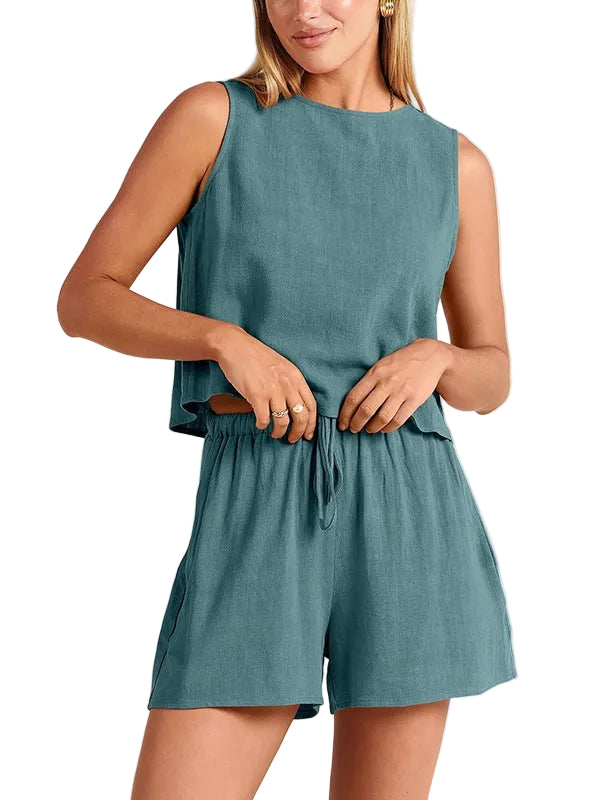 Mae sleeveless linen shirt shorts set - Blue