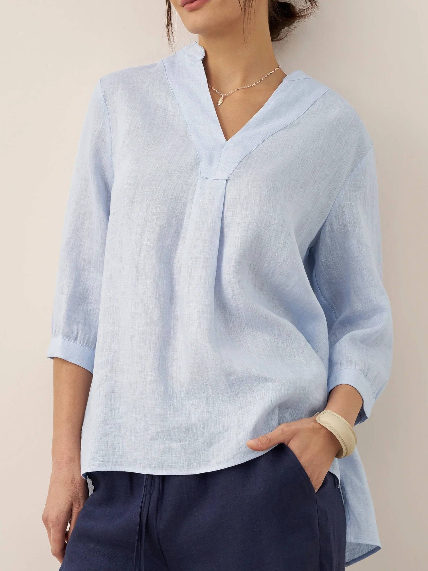 Lena mandarin collar linen blouse - Light Blue
