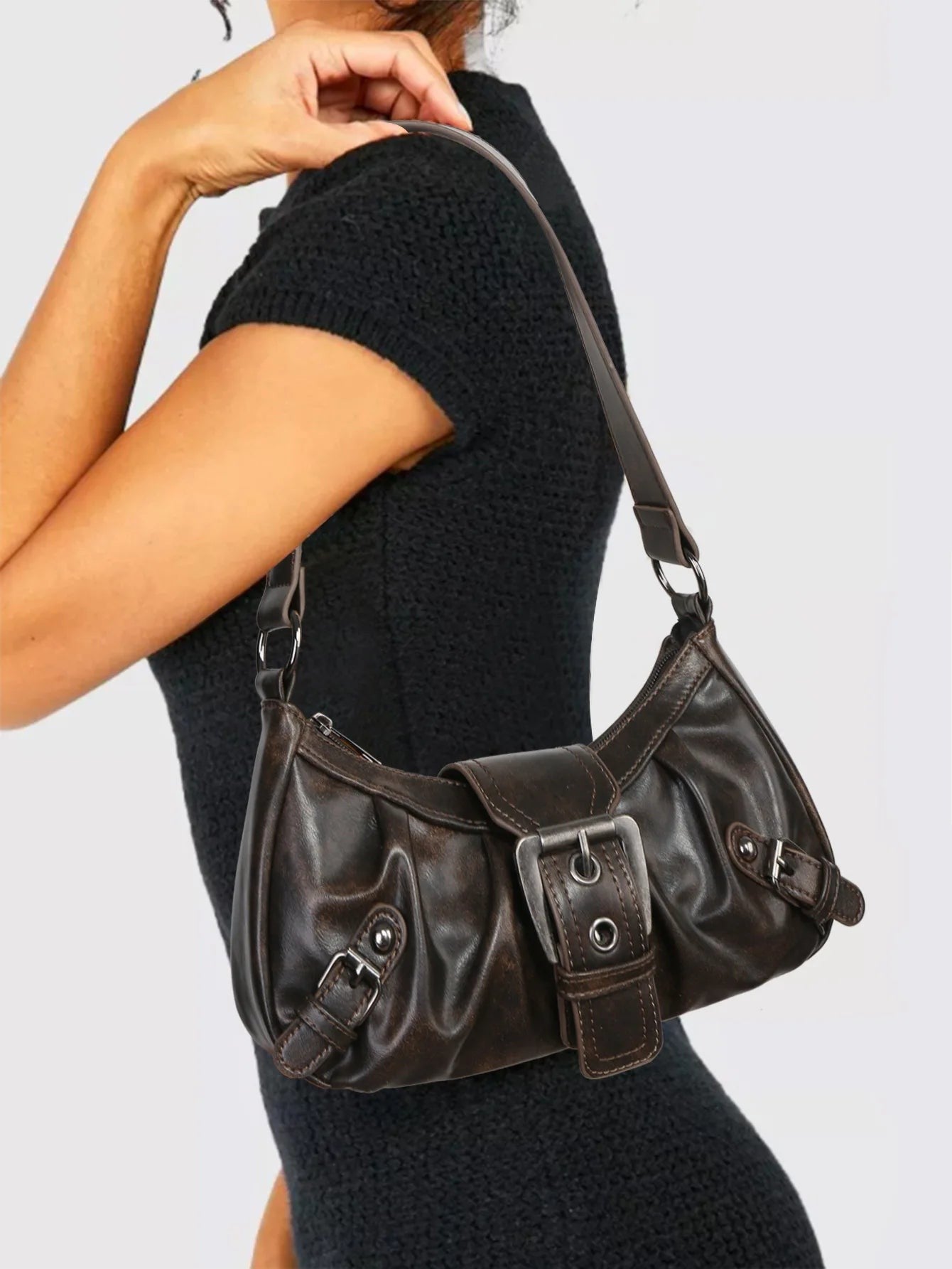 Lottie Vintage Leather Buckle Handbag - Brown