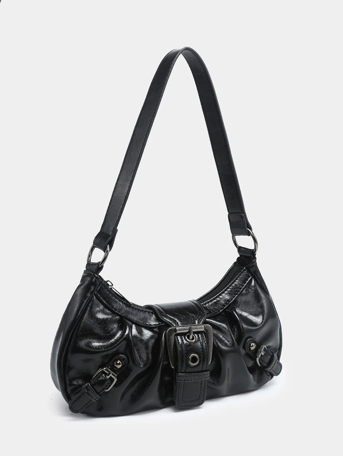 Lottie Vintage Leather Buckle Handbag - Black