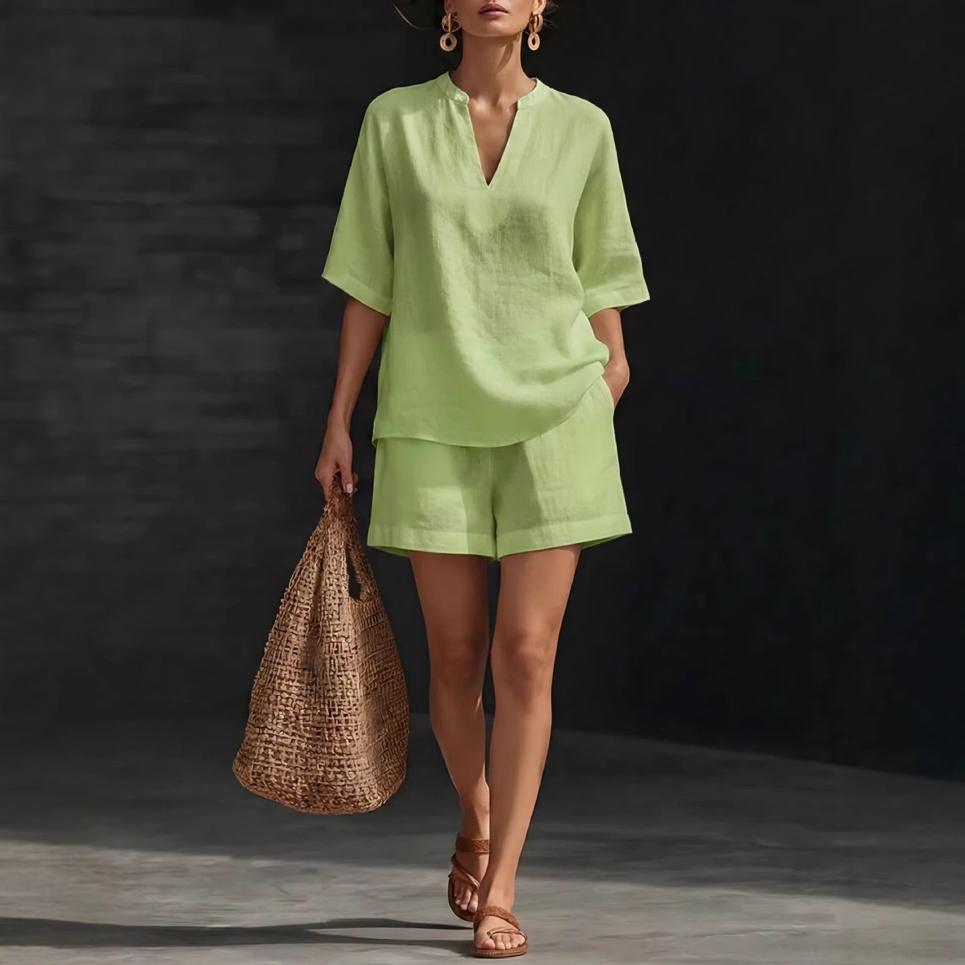 Mira Linen Two Piece Shorts Matching Set - detail