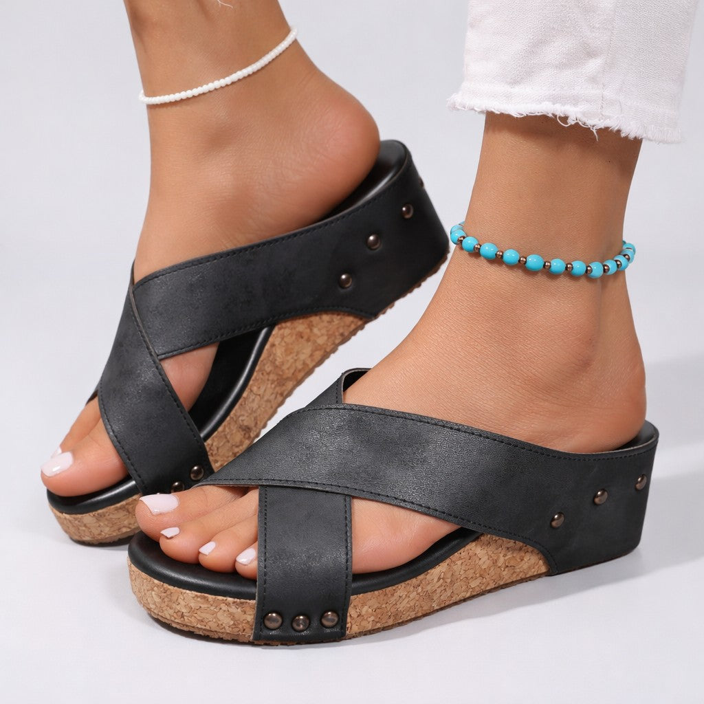 Nola leather platform wedge sandals - Black