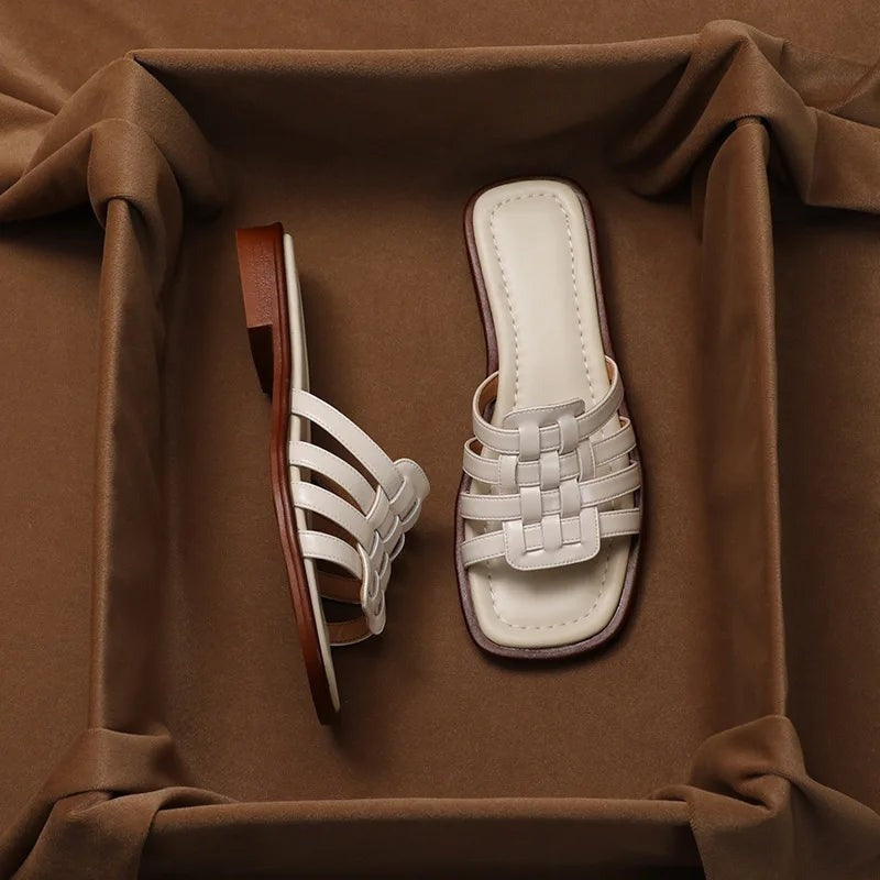 Pia Woven Flat Leather Slide Sandals - detail