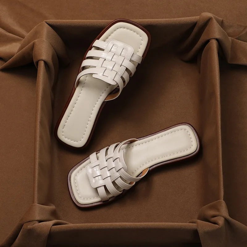 Pia Woven Flat Leather Slide Sandals - detail