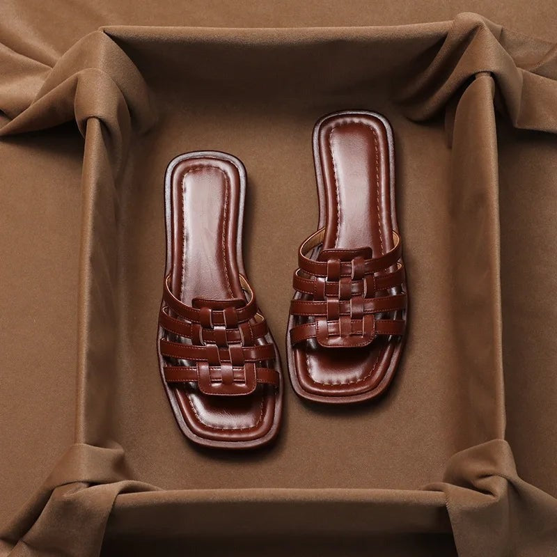 Pia Woven Flat Leather Slide Sandals - Brown