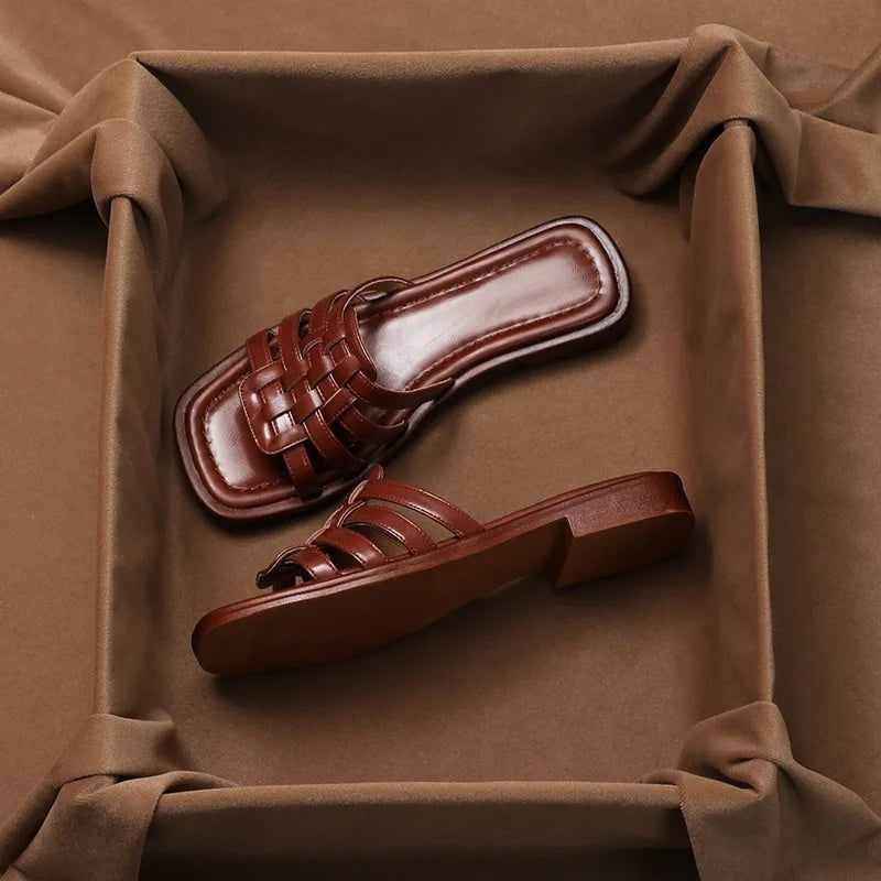 Pia Woven Flat Leather Slide Sandals - detail