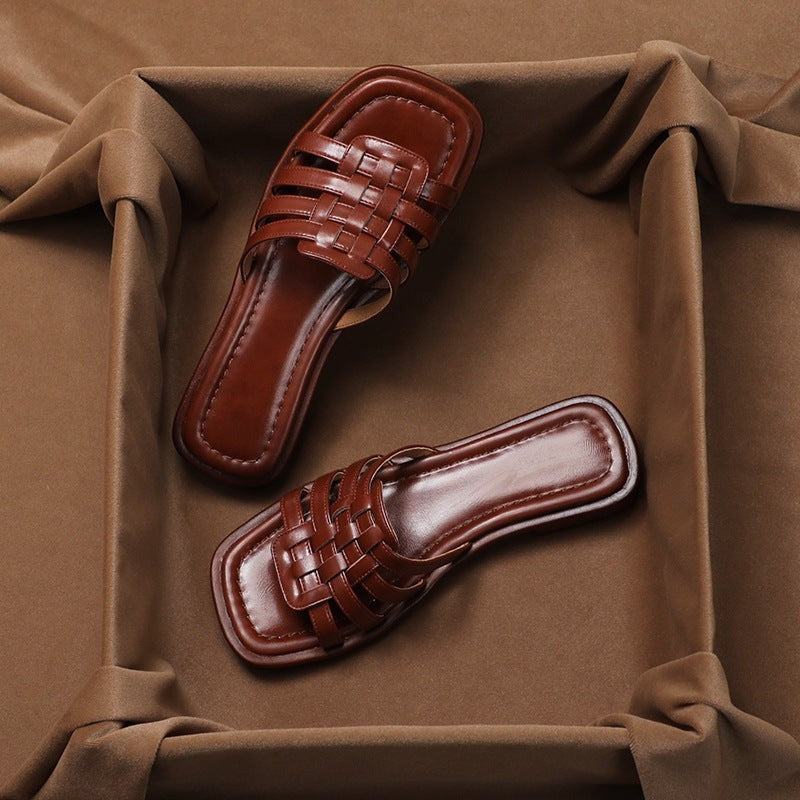 Pia Woven Flat Leather Slide Sandals - detail