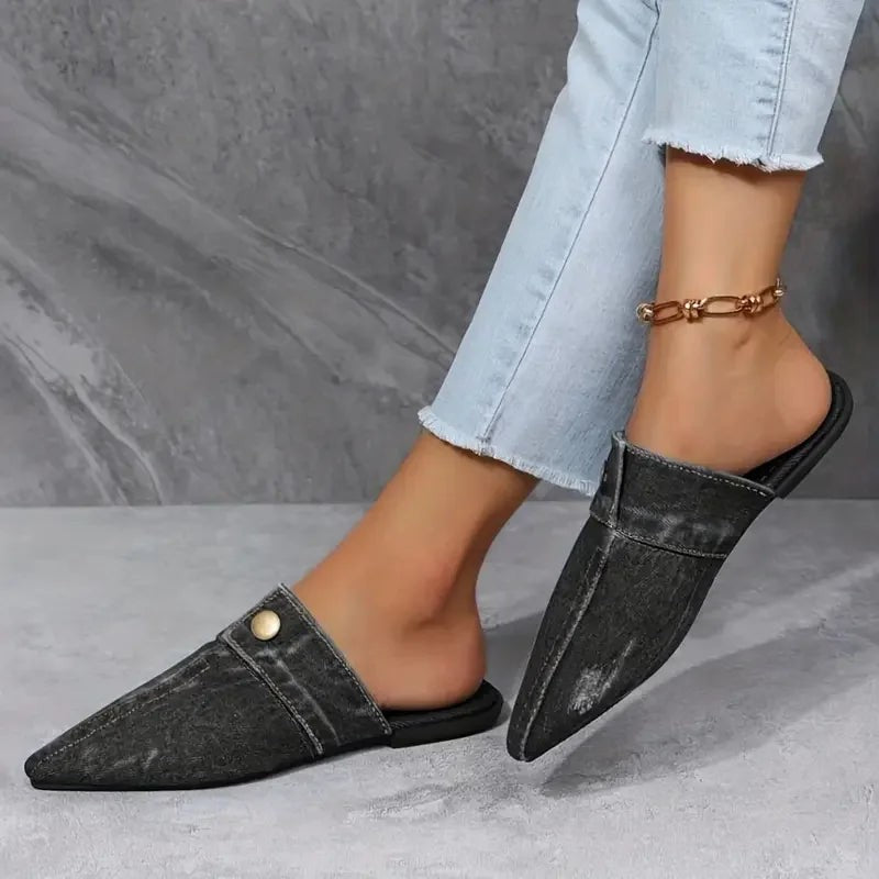 Sasha denim slip on flat sandals - Black