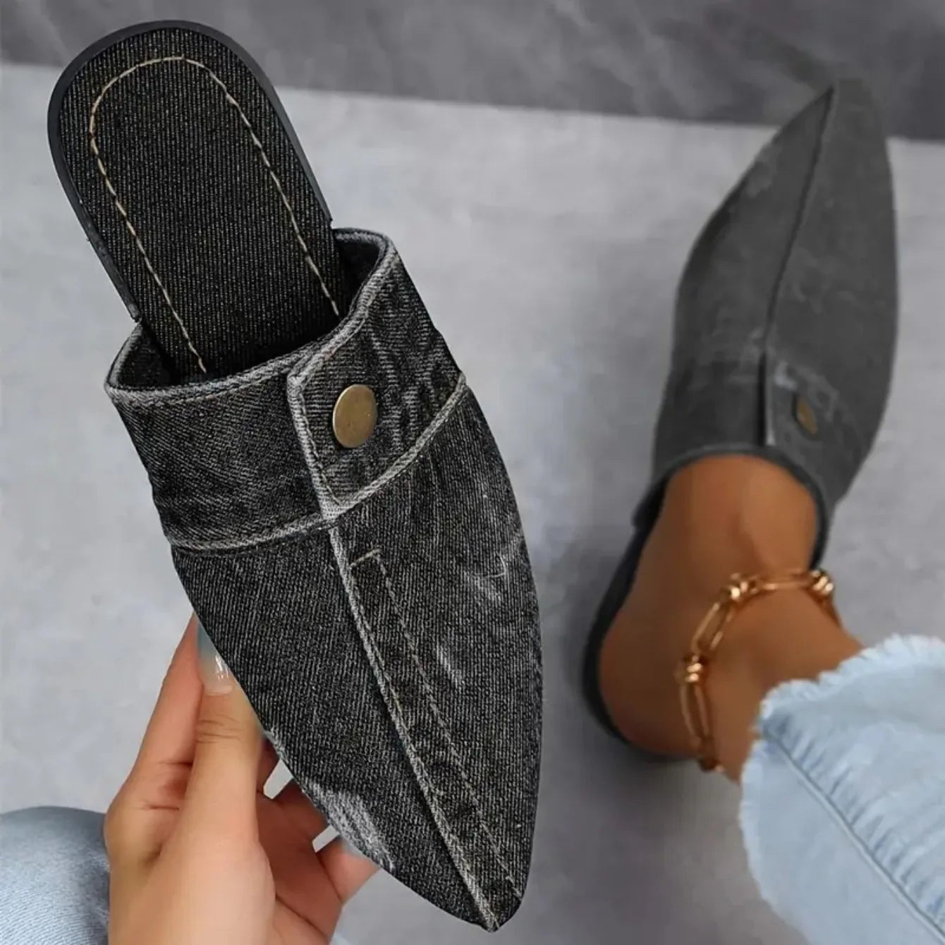 Sasha denim slip on flat sandals - detail