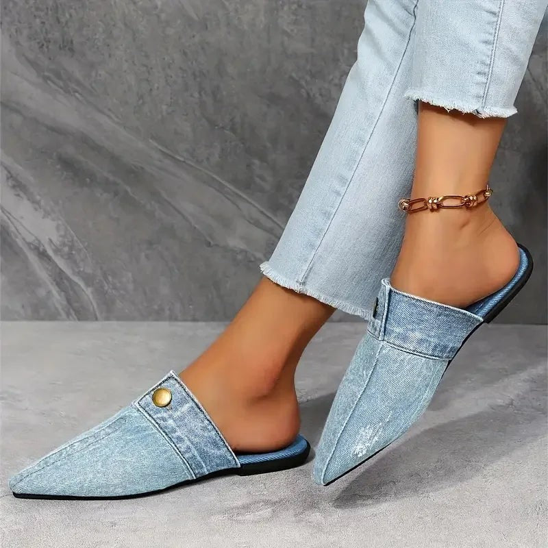 Sasha denim slip on flat sandals - Light Blue