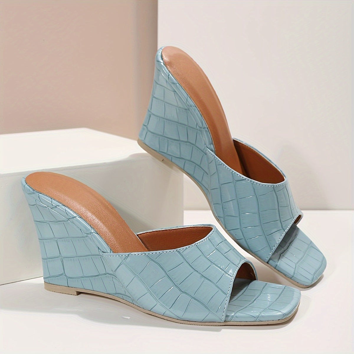 Piper square toe croc wedge slide sandals - Light Blue