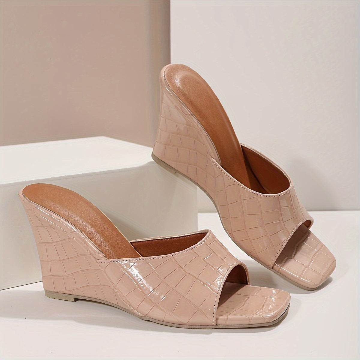Piper square toe croc wedge slide sandals - Pink